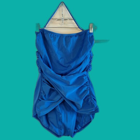 Yves Saint Laurent Blue One Piece Swimsuit Ruched Cross Front Halter 14 Luxury - Picture 1 of 5